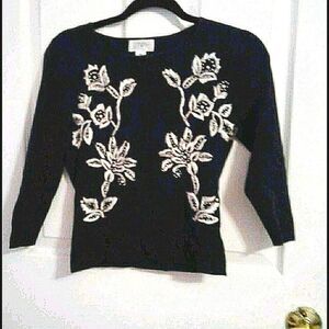 Ann Taylor Loft Black & Cream Romantic Embroidered Buttoned Micro Cardigan XSP